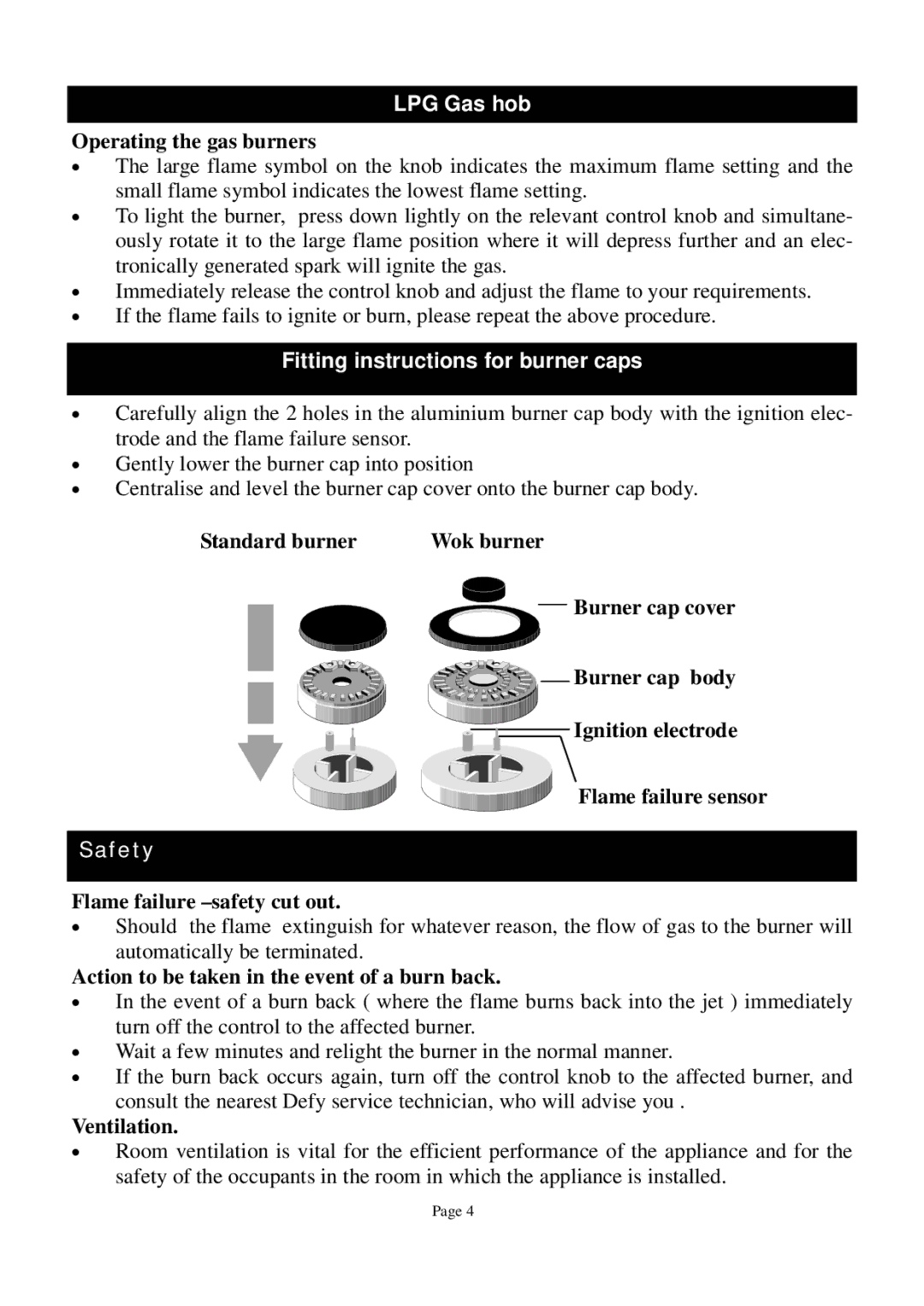 Defy Appliances 150, 66200 manual LPG Gas hob, Fitting instructions for burner caps 