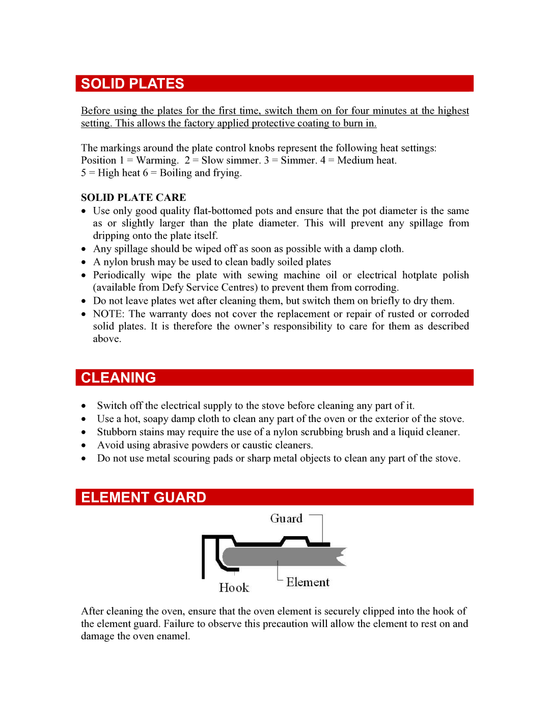 Defy Appliances 501C owner manual Solid Plates, Cleaning, Element Guard 