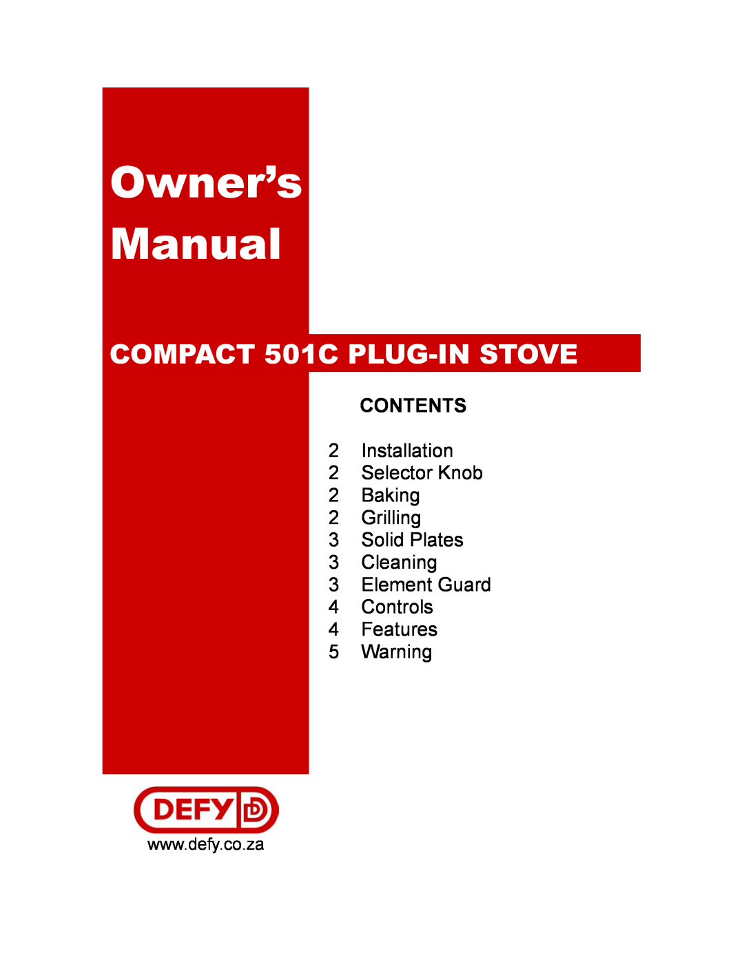 Defy Appliances owner manual Owner’s Manual, COMPACT 501C PLUG-IN STOVE, Contents 