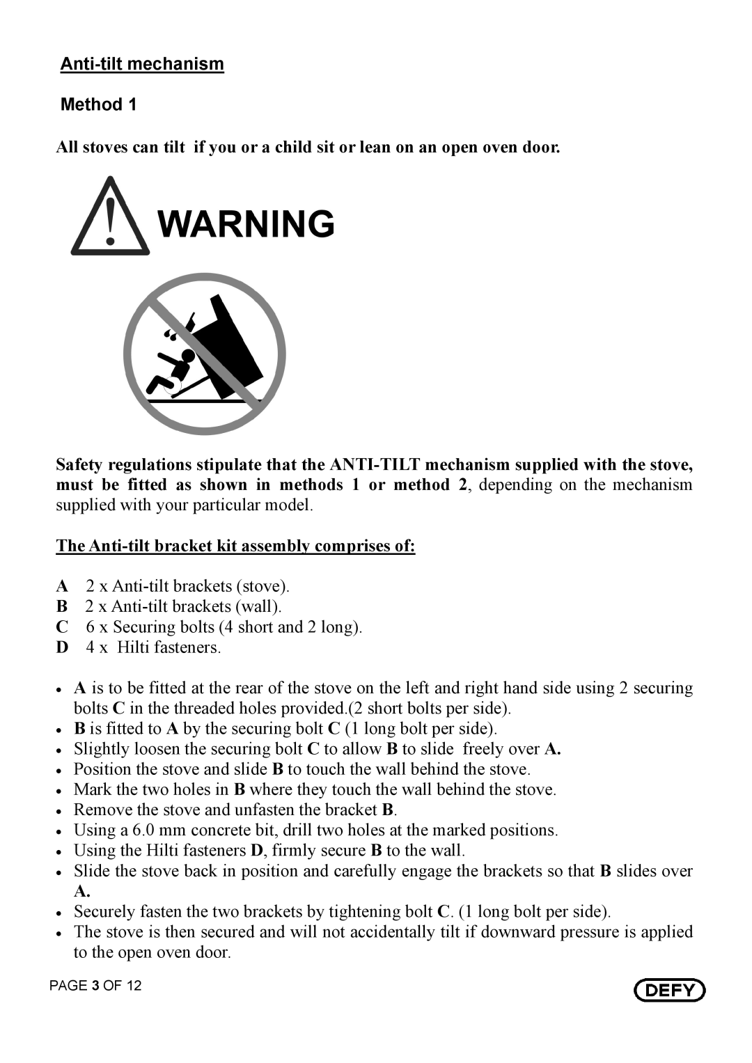 Defy Appliances 521, 501, 520 owner manual Antitilt mechanism Method 