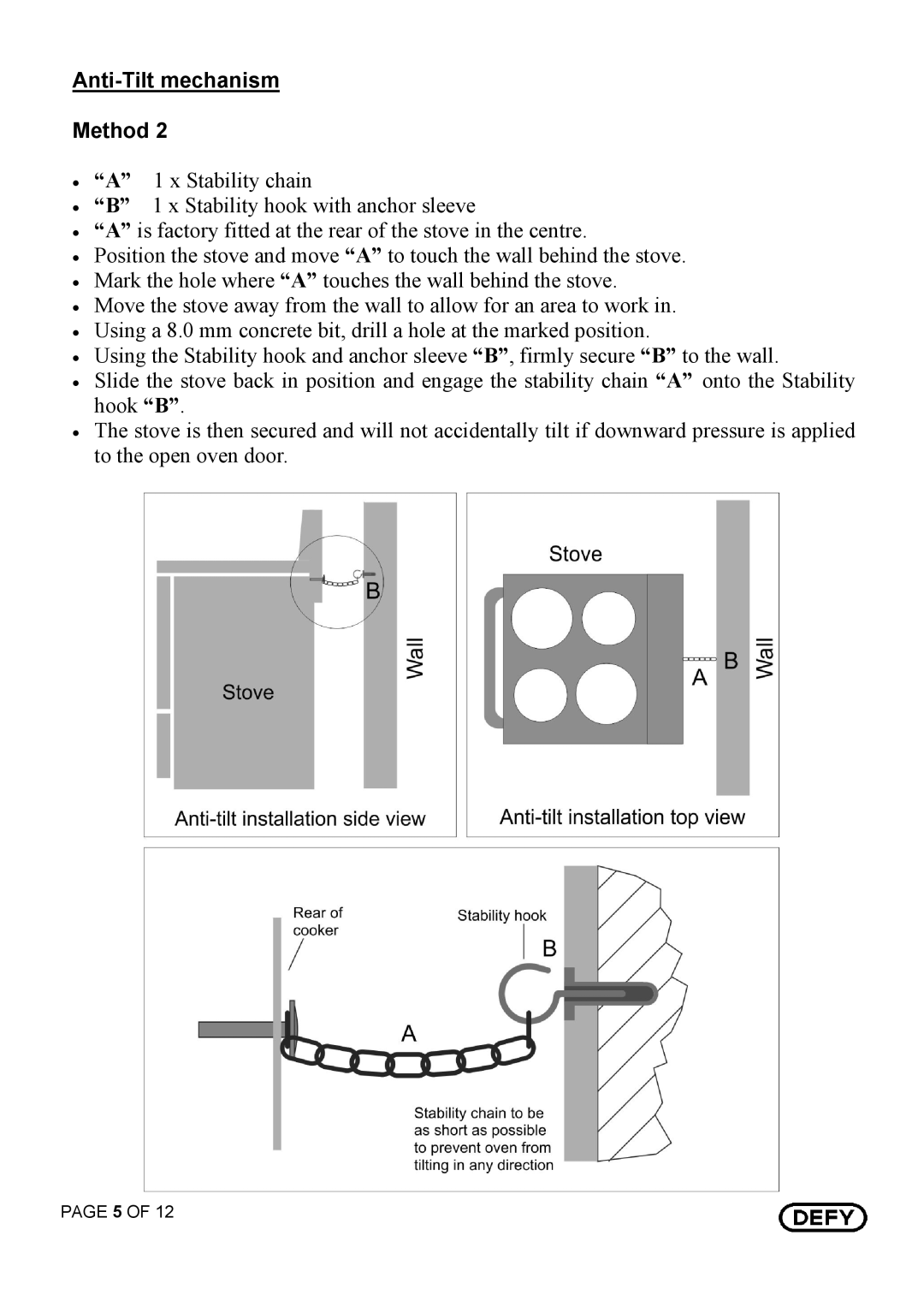 Defy Appliances 520, 521, 501 owner manual AntiTilt mechanism Method 