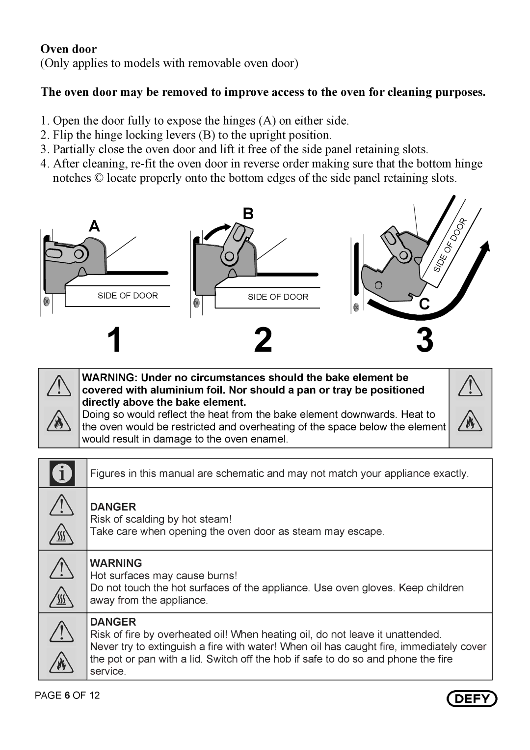 Defy Appliances 521, 501, 520 owner manual Oven door 