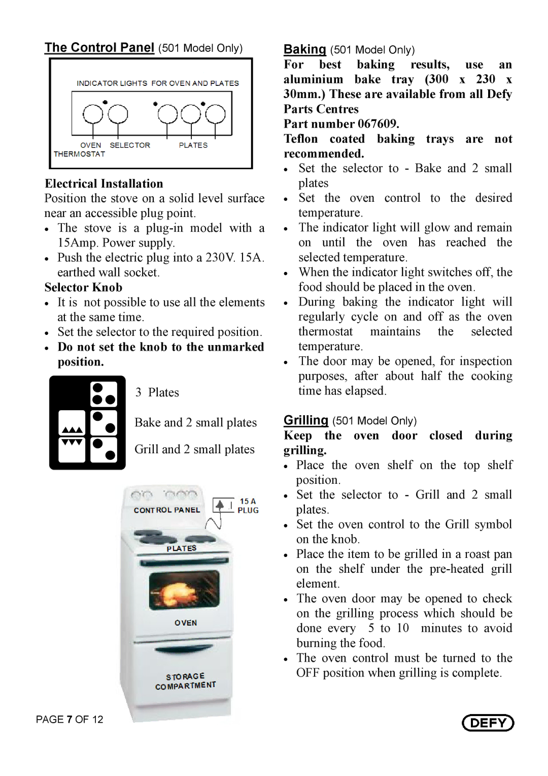 Defy Appliances 521, 520 owner manual Control Panel 501 Model Only, Electrical Installation 