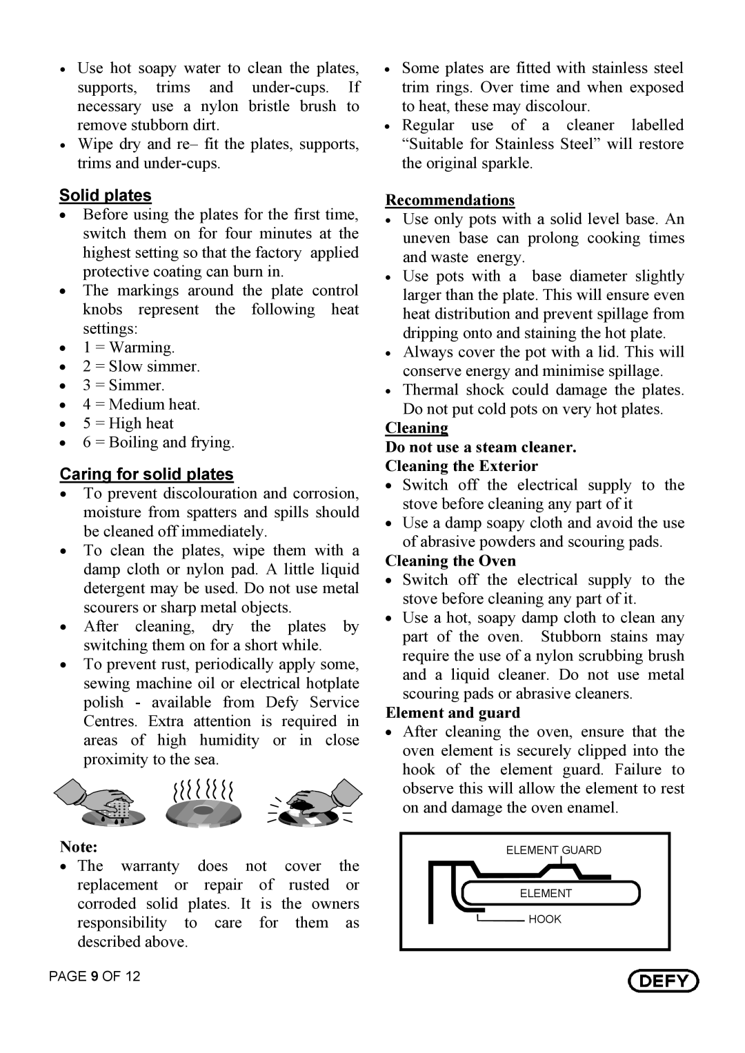 Defy Appliances 521, 501, 520 owner manual Solid plates 