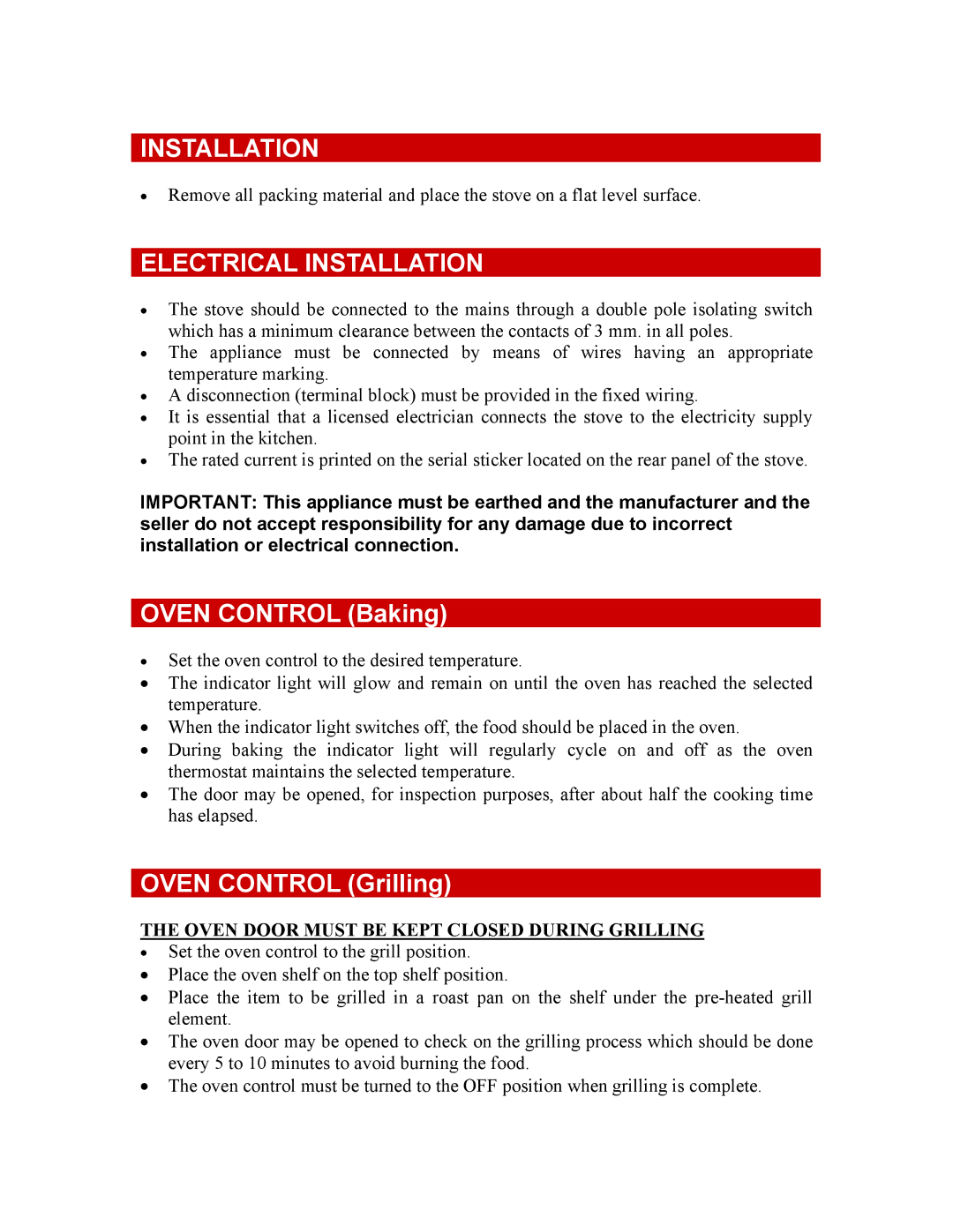 Defy Appliances 521 owner manual Electrical Installation, Oven Door Must be Kept Closed During Grilling 