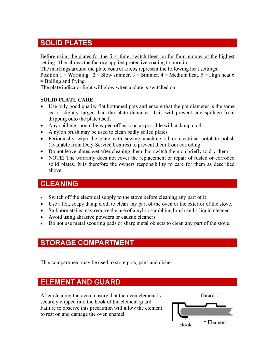 Defy Appliances 521 owner manual Solid Plates, Cleaning, Storage Compartment, Element and Guard, Solid Plate Care 