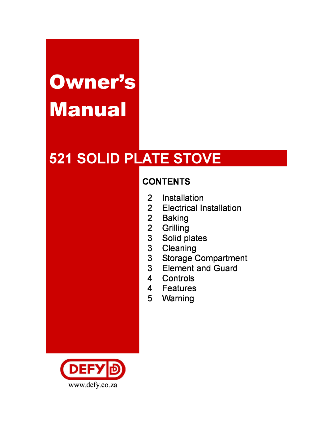 Defy Appliances 521 owner manual Owner’s Manual, Solid Plate Stove, Contents 