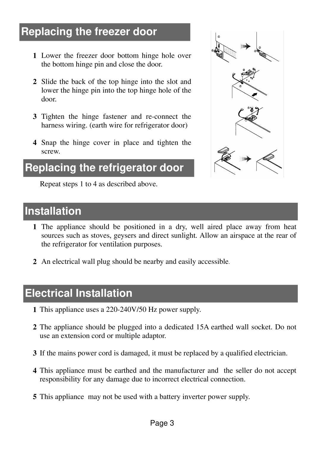 Defy Appliances 570 owner manual Replacing the freezer door, Replacing the refrigerator door, Electrical Installation 