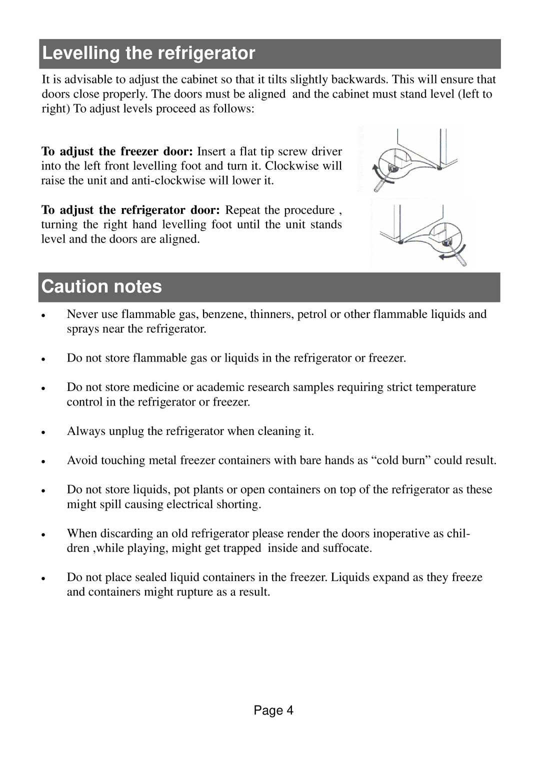 Defy Appliances 570 owner manual Levelling the refrigerator 