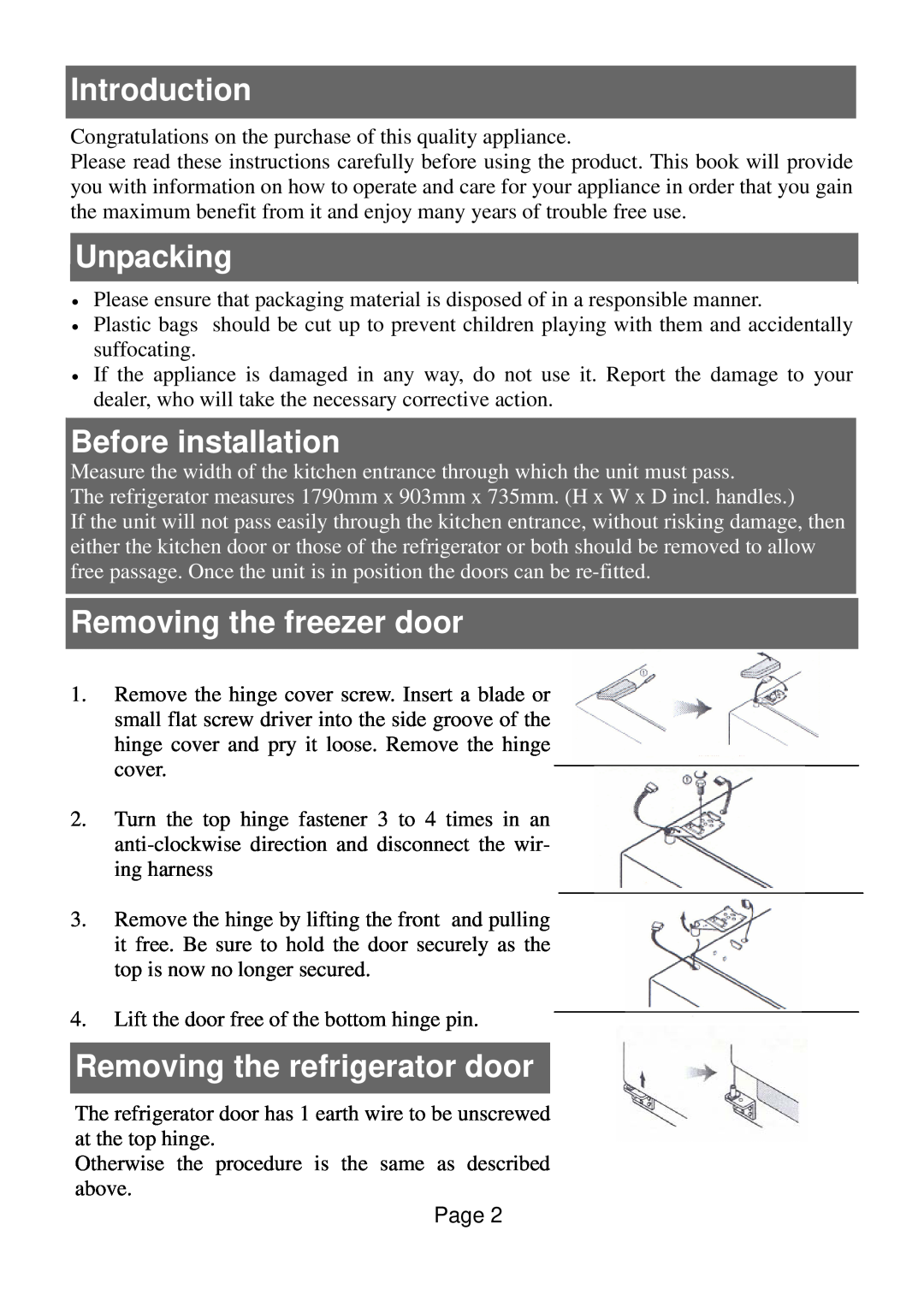 Defy Appliances 570 owner manual Introduction, Unpacking, Before installation, Removing the freezer door 