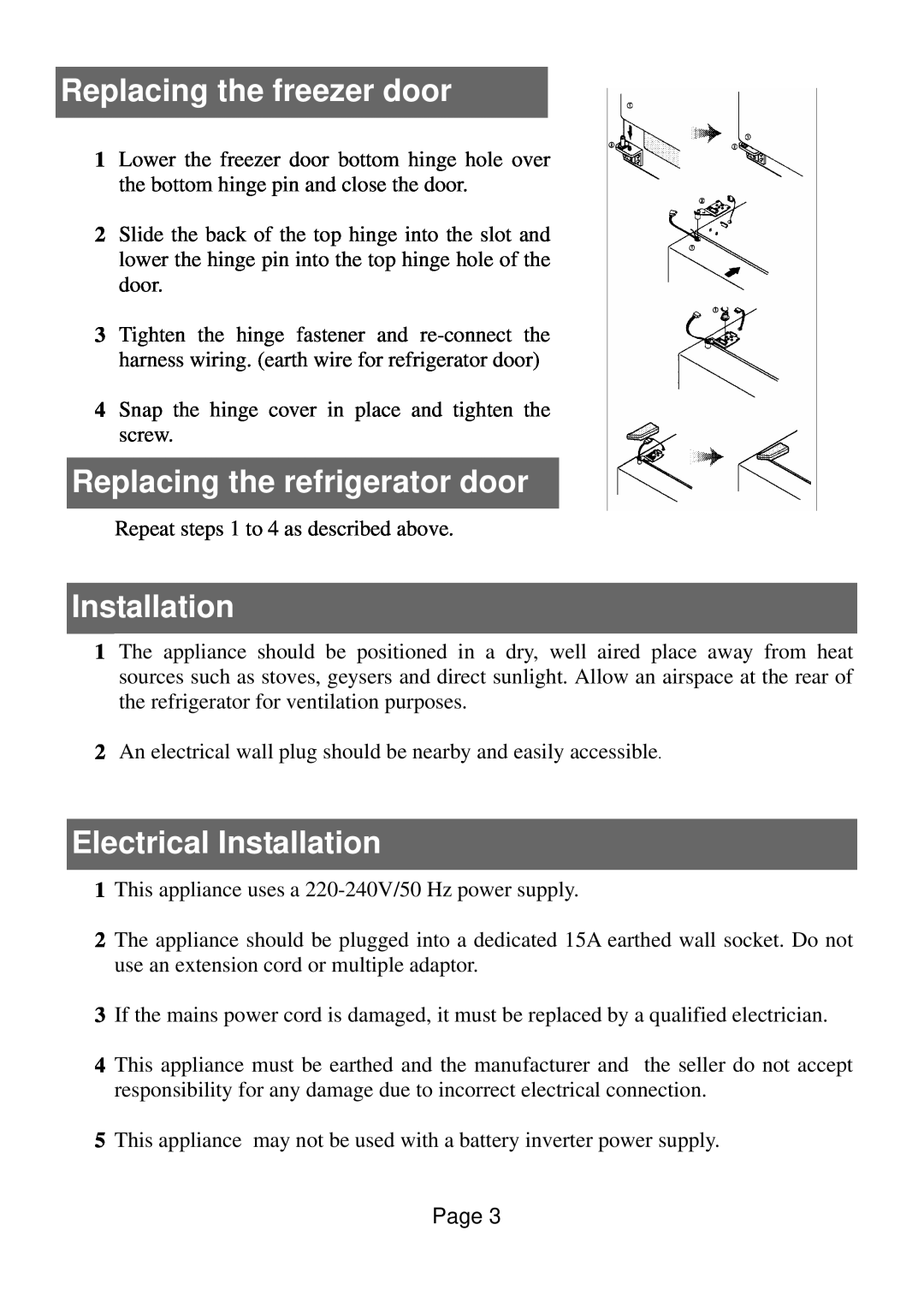 Defy Appliances 570 owner manual Replacing the freezer door, Replacing the refrigerator door, Electrical Installation 