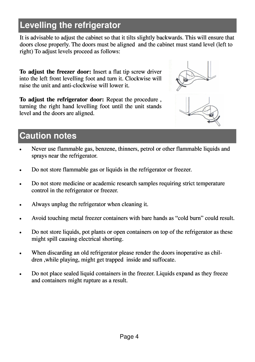 Defy Appliances 570 owner manual Levelling the refrigerator, Caution notes 