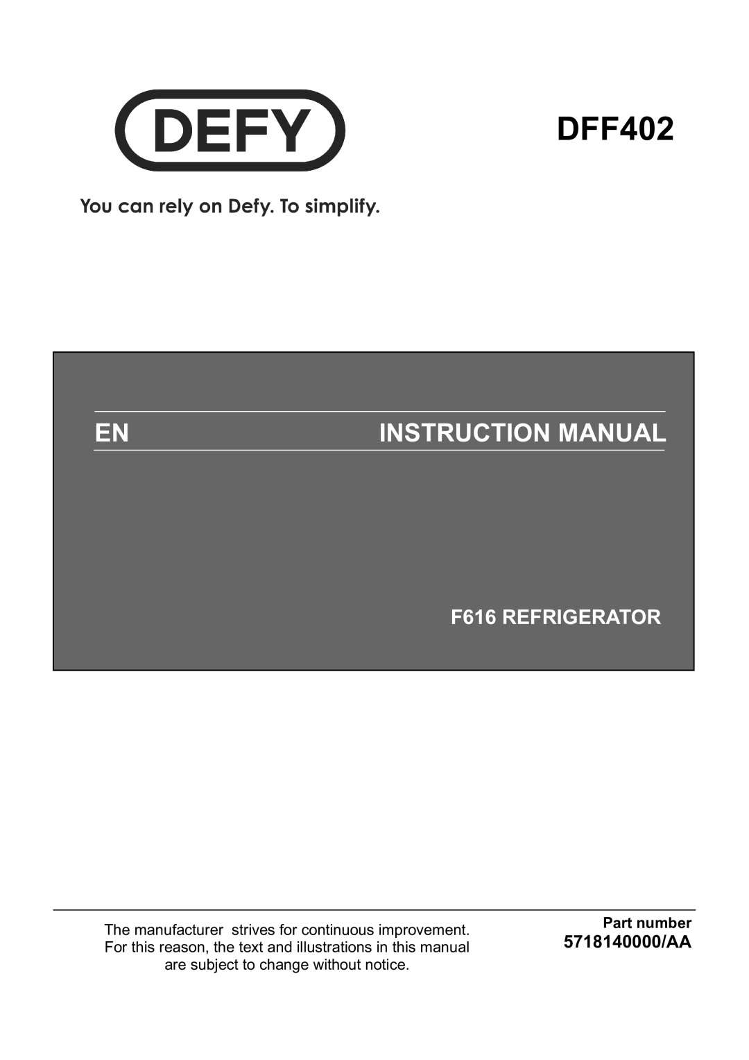 Defy Appliances 5718140000/AA instruction manual DFF402 