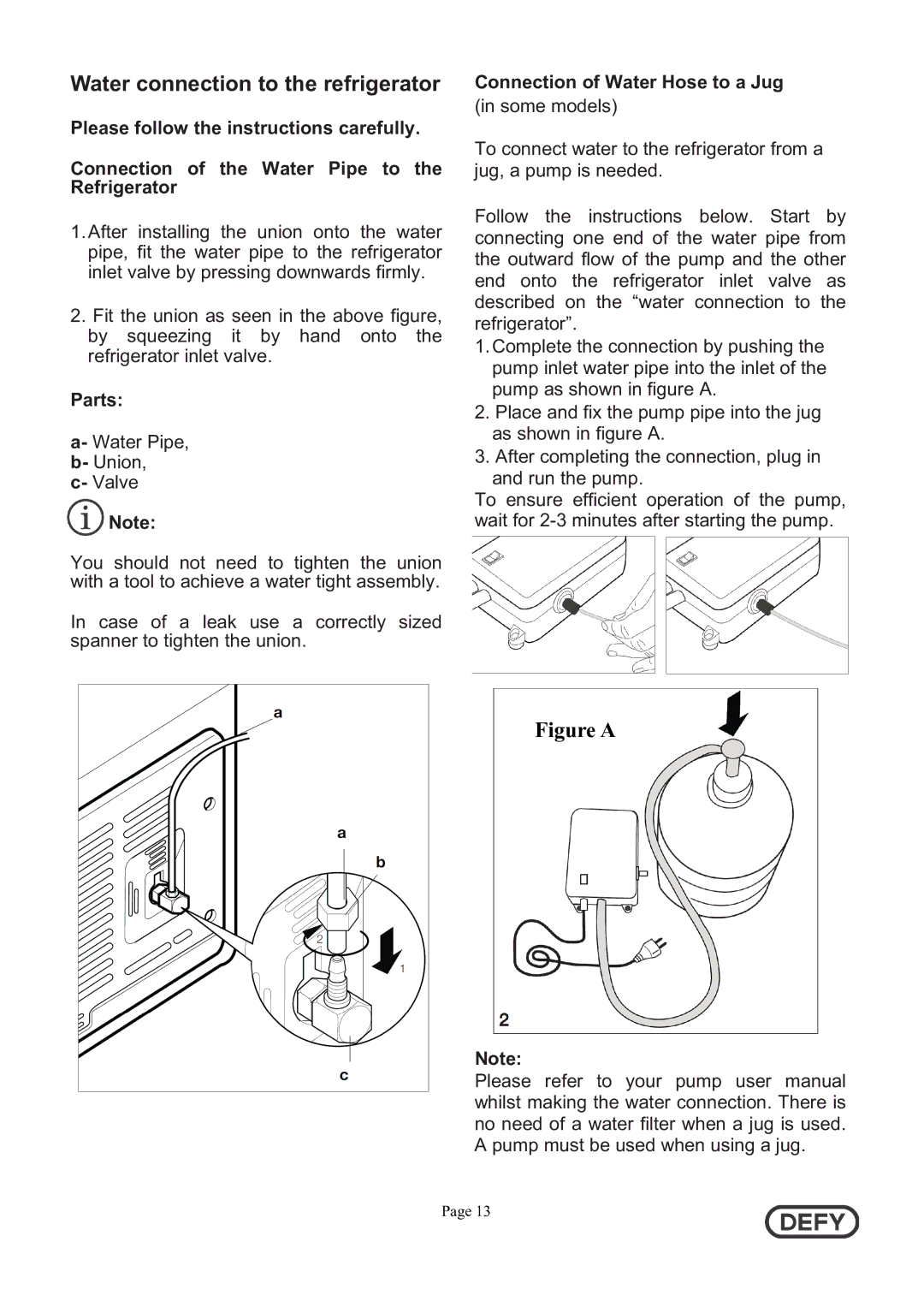 Defy Appliances 5718140000/AA Water connection to the refrigerator, Parts, Connection of Water Hose to a Jug 