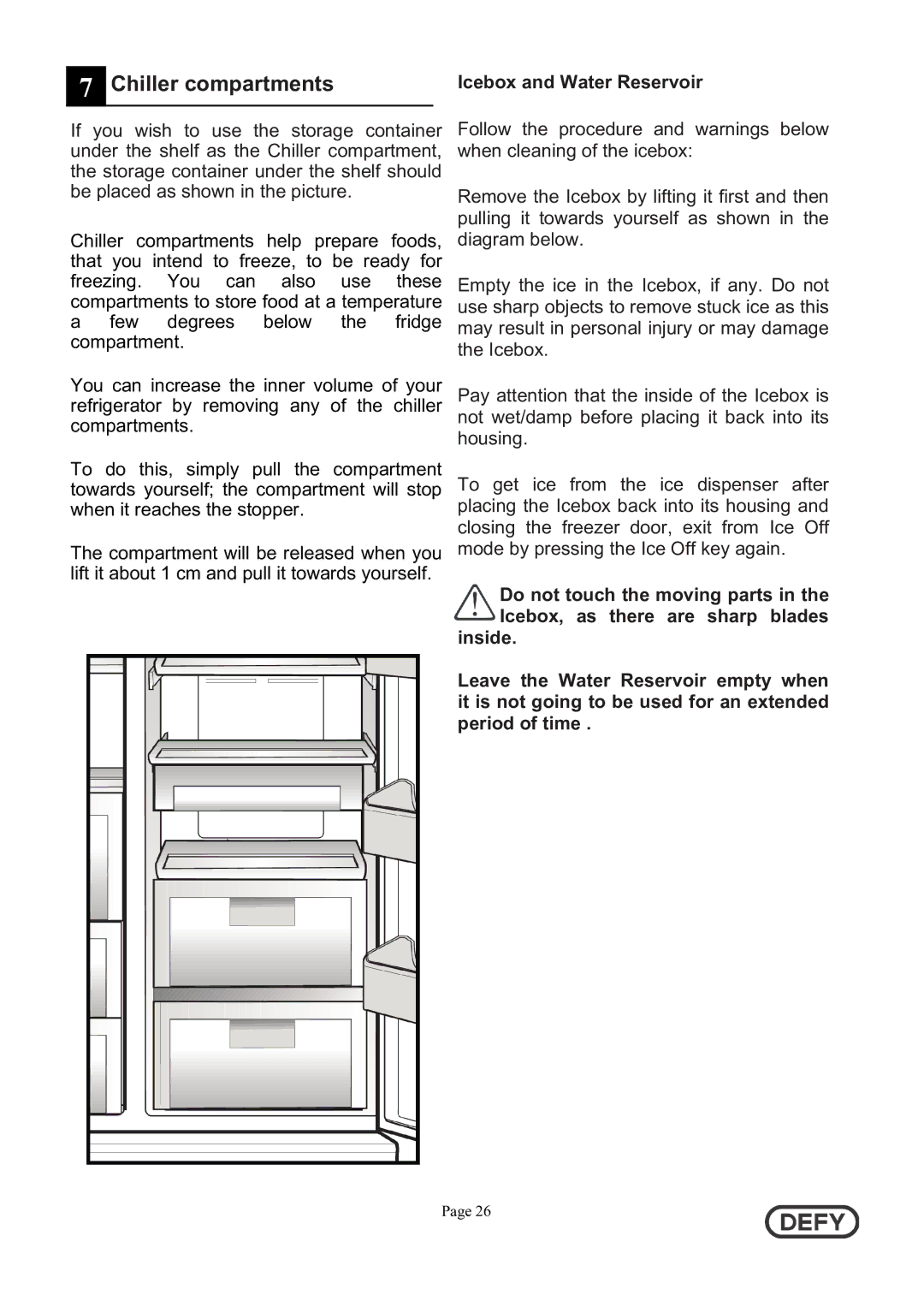 Defy Appliances 5718140000/AA instruction manual Chiller compartments, Icebox and Water Reservoir 