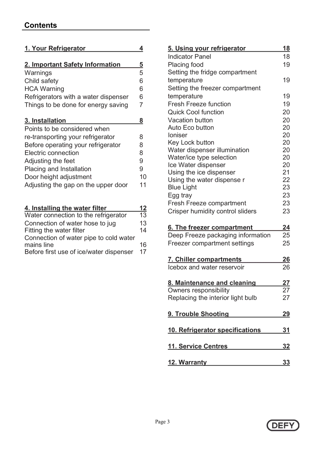 Defy Appliances 5718140000/AA instruction manual Contents 