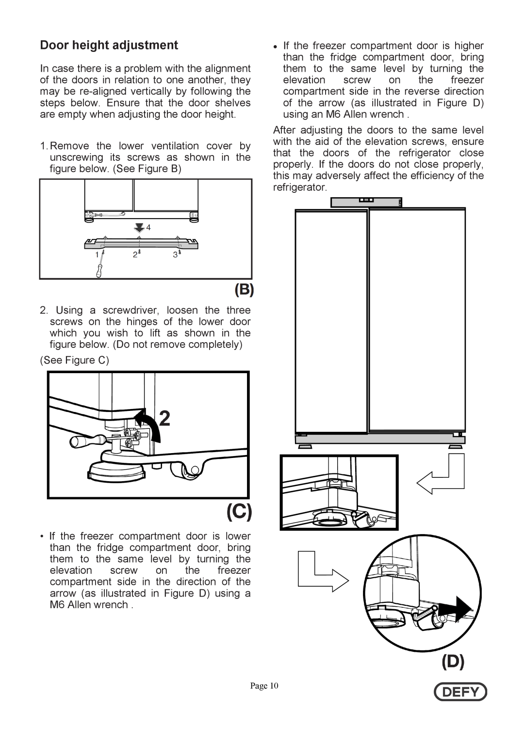 Defy Appliances 5718140000/AA instruction manual Door height adjustment 
