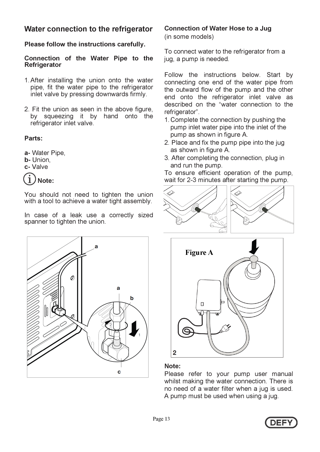 Defy Appliances 5718140000/AA Water connection to the refrigerator, Please follow the instructions carefully, Parts 