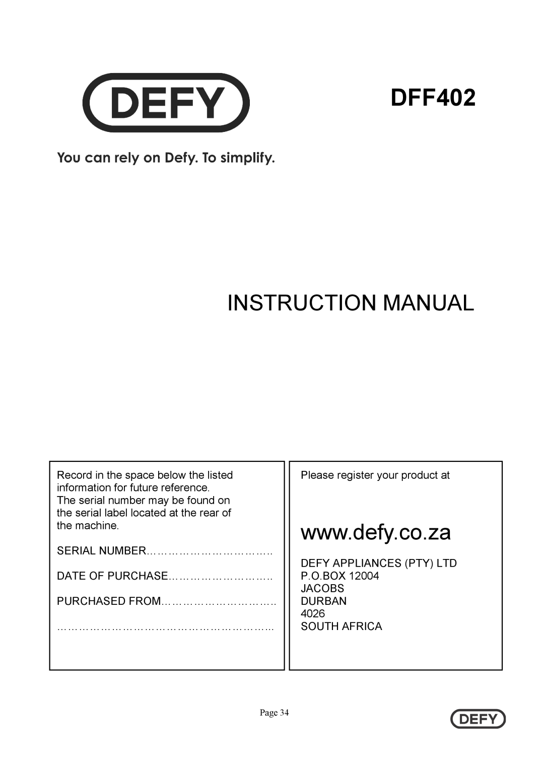 Defy Appliances 5718140000/AA instruction manual DFF402, Instruction Manual 