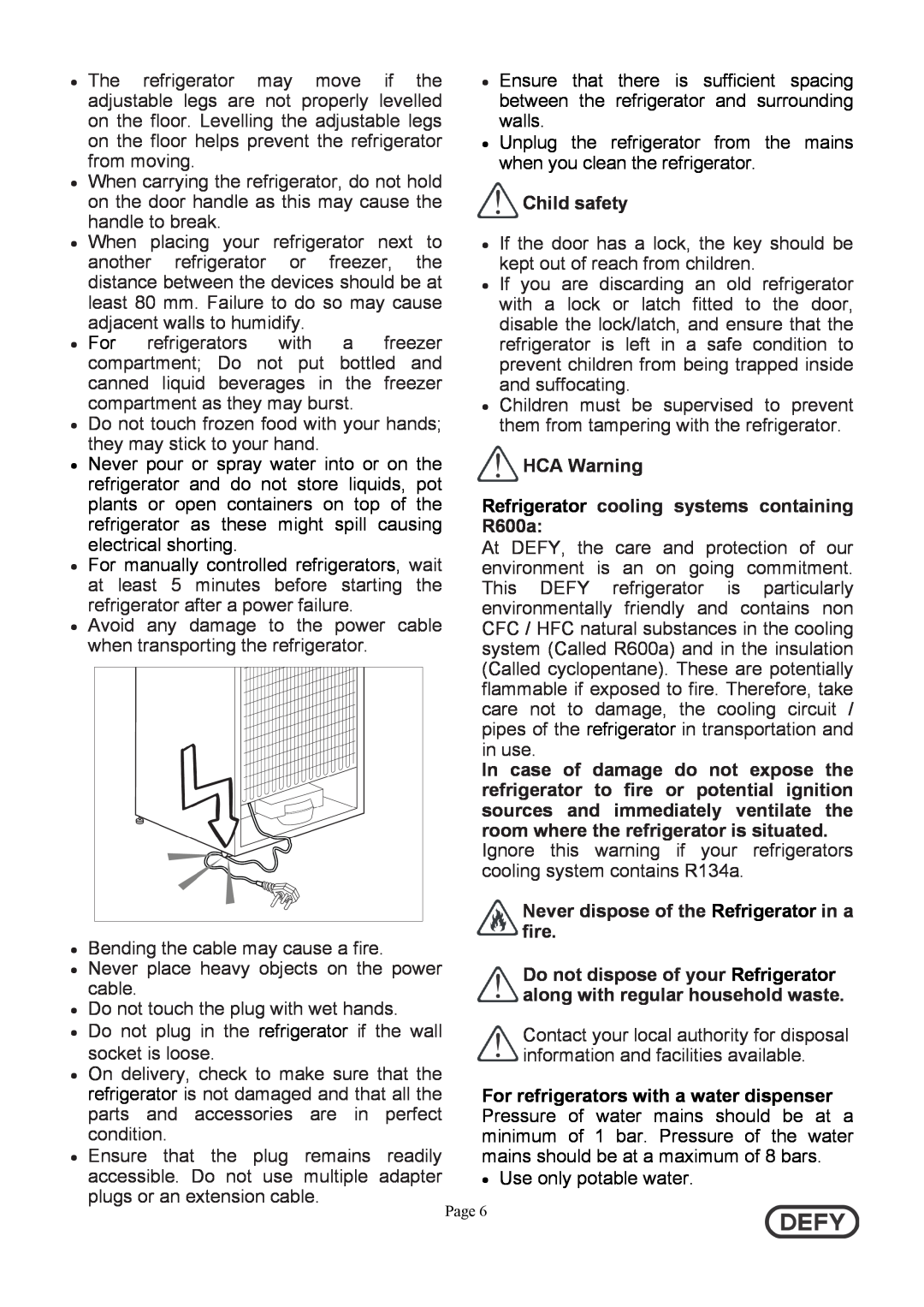 Defy Appliances 5718140000/AA instruction manual Child safety, HCA Warning Refrigerator cooling systems containing R600a 