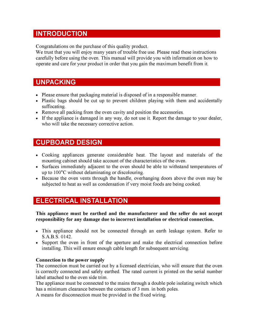 Defy Appliances 600 EMSG owner manual Introduction, Unpacking, Cupboard Design, Electrical Installation 