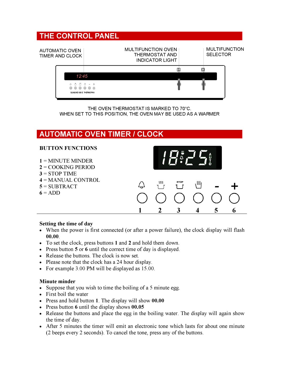 Defy Appliances 600 EMSG owner manual Control Panel, Automatic Oven Timer / Clock 