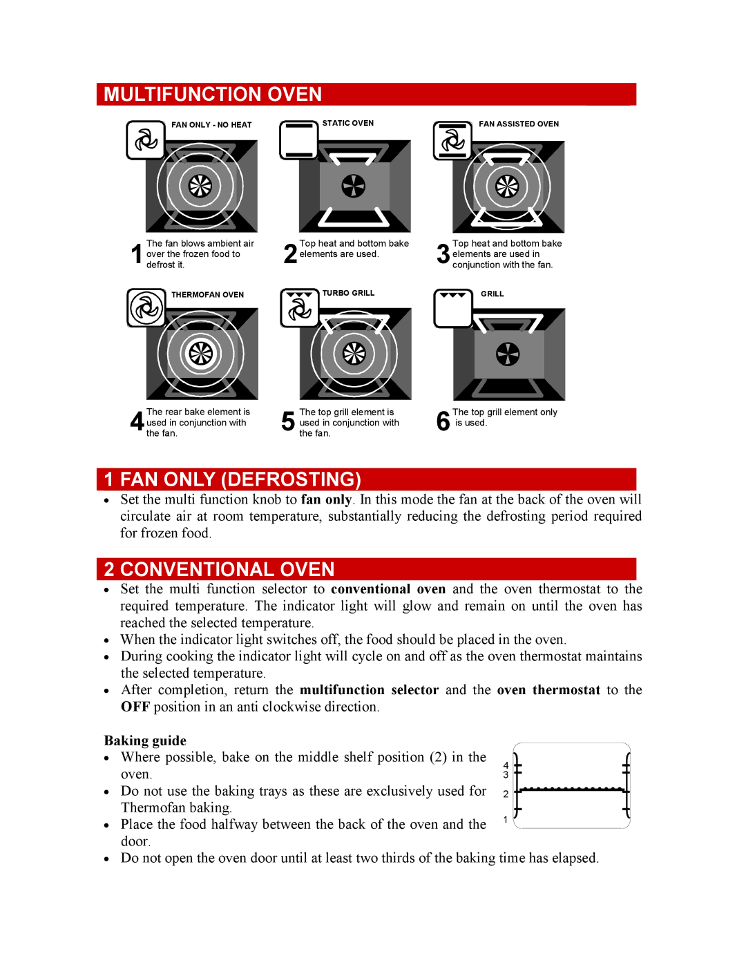 Defy Appliances 600 EMSG owner manual Multifunction Oven, FAN only Defrosting, Conventional Oven 