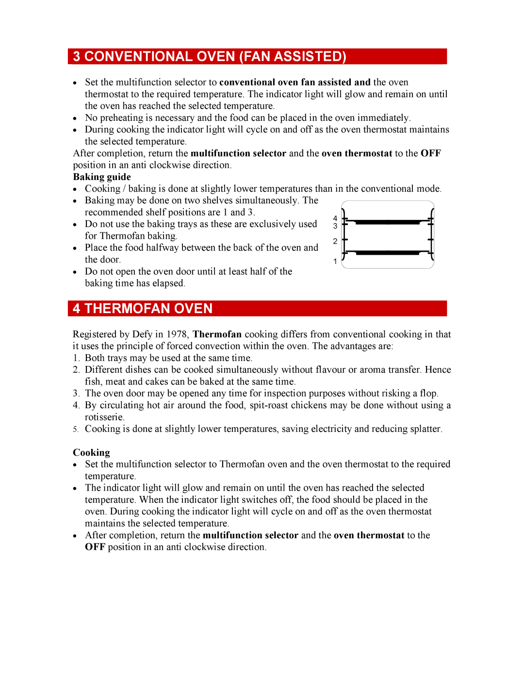 Defy Appliances 600 EMSG owner manual Conventional Oven FAN Assisted, Thermofan Oven 