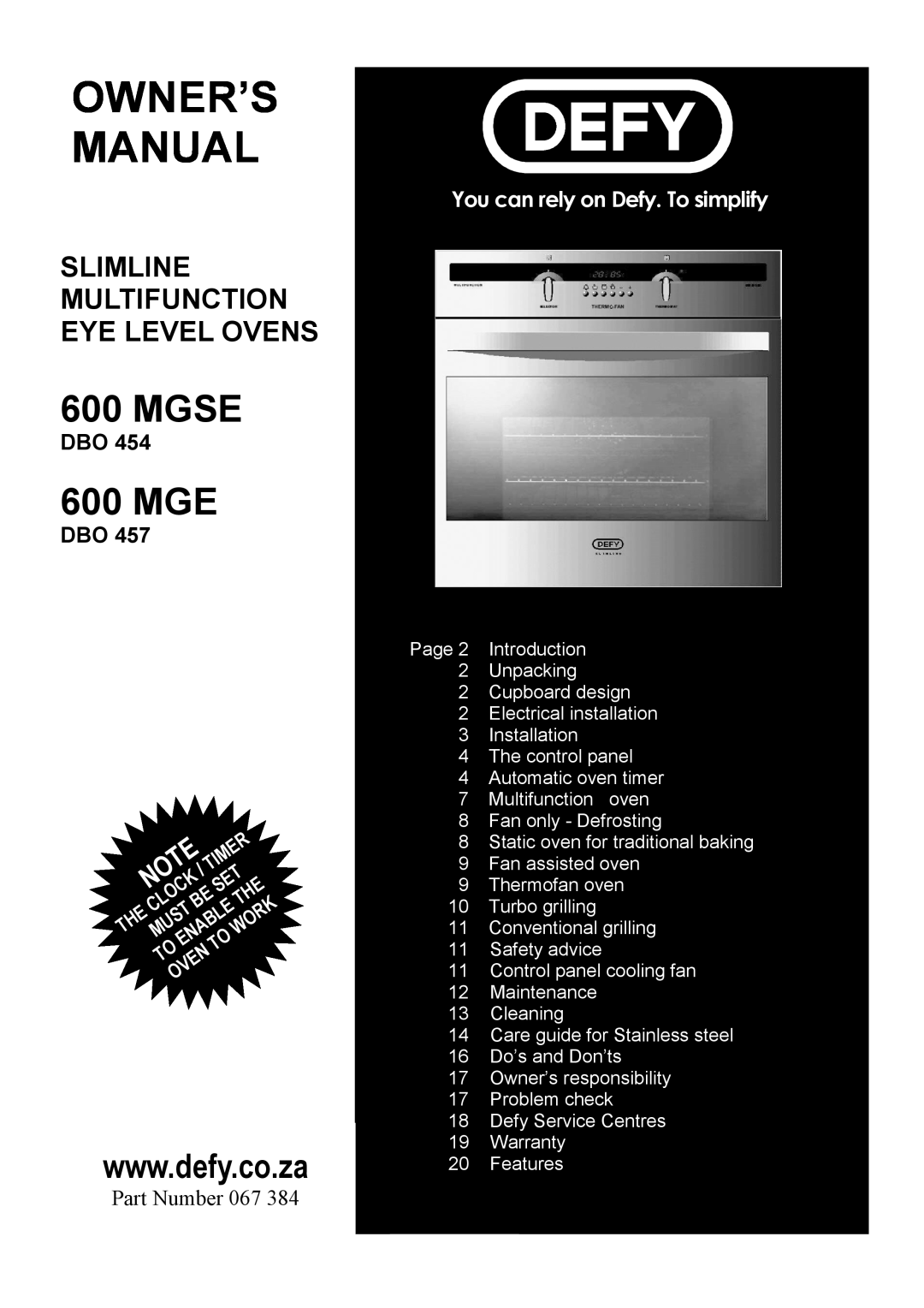 Defy Appliances 600 MGSE, 600 MGE manual + & 0 %%, #& # 
