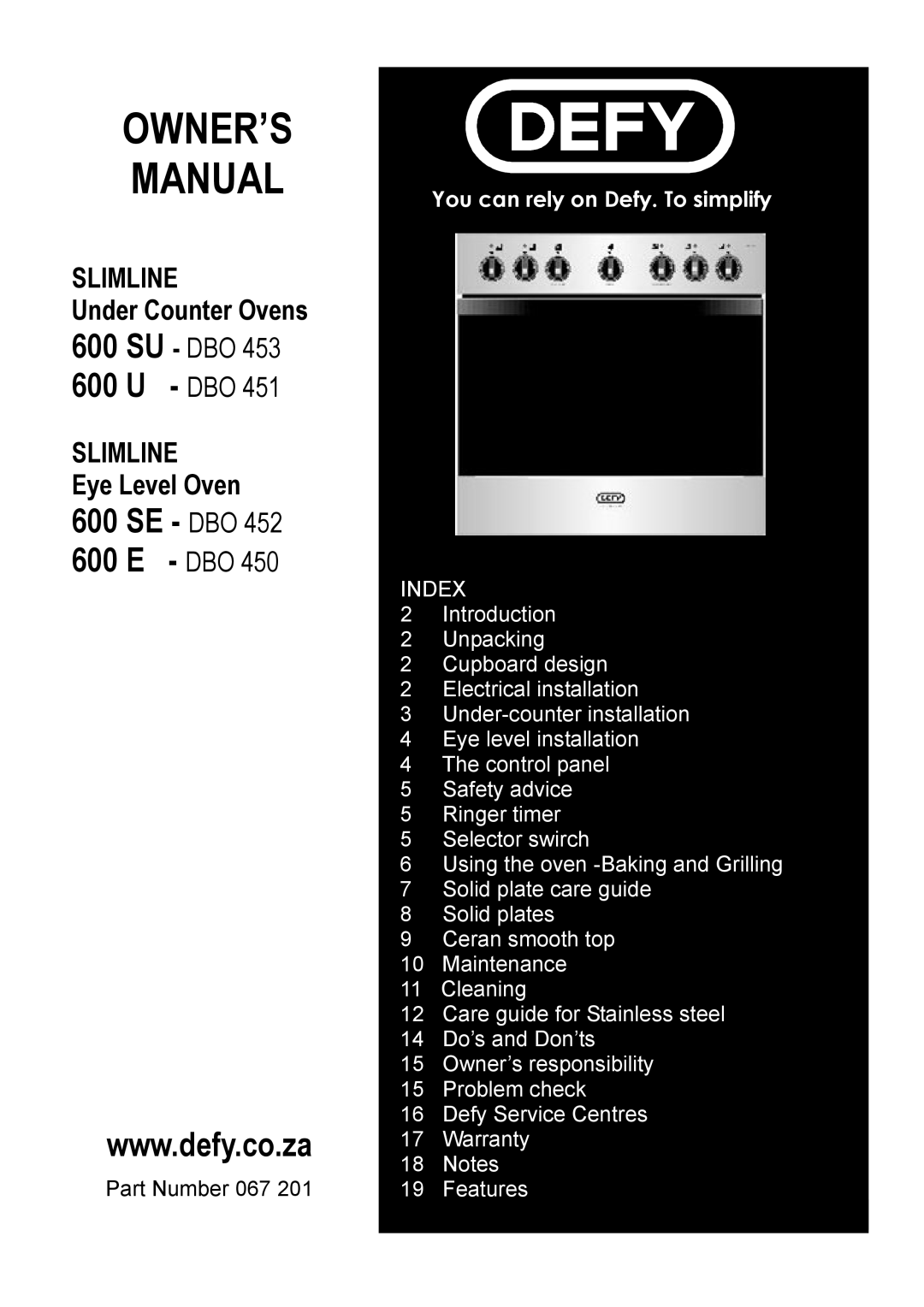 Defy Appliances 600 E - DBO 450, 600 SE - DBO 452, 600 SU - DBO 453, 600 U - DBO 451 manual #$ % #44 -4$ , .*$% 05$ 