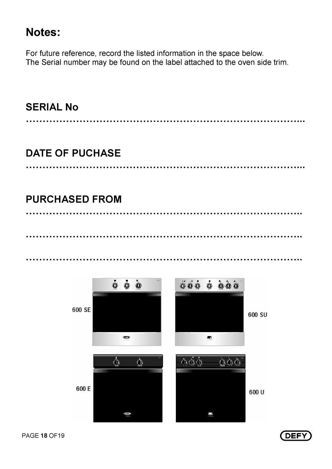 Defy Appliances 600 SU - DBO 453, 600 SE - DBO 452, 600 E - DBO 450, 600 U - DBO 451 manual $* % 