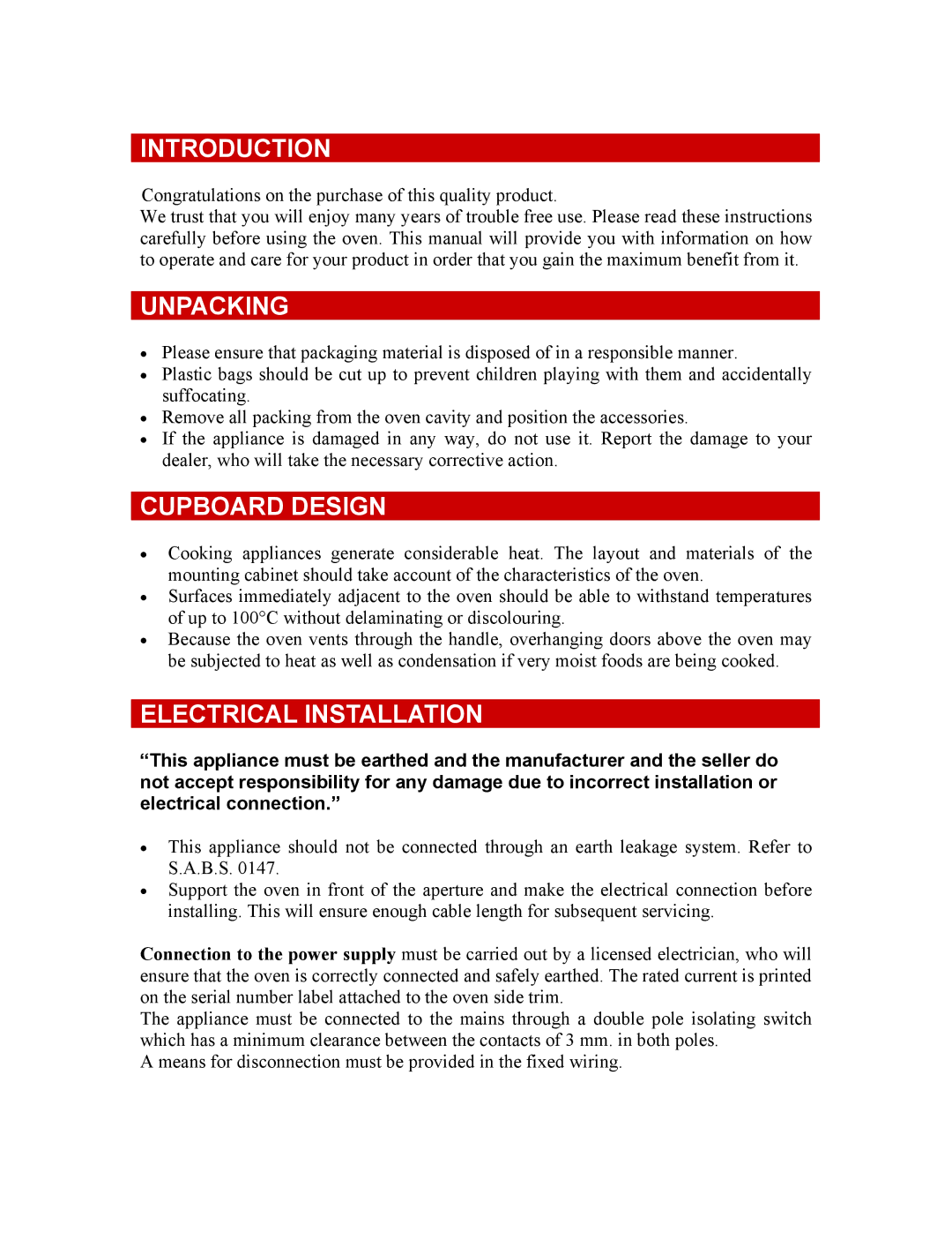 Defy Appliances 600 STE owner manual Introduction, Unpacking, Cupboard Design, Electrical Installation 