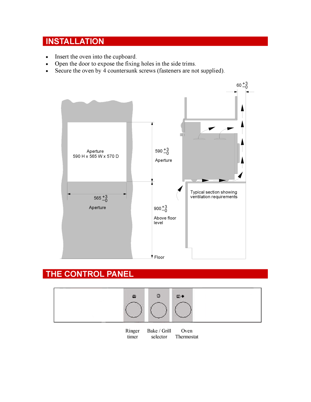 Defy Appliances 600 STE owner manual Installation, Control Panel 