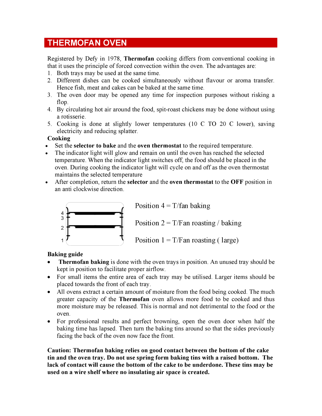 Defy Appliances 600 STE owner manual Thermofan Oven, Cooking, Baking guide 
