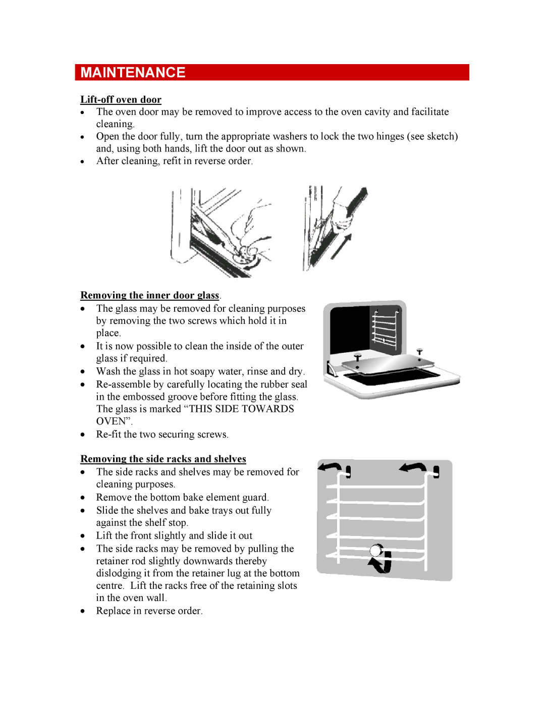 Defy Appliances 600 STE owner manual Maintenance, Lift-off oven door, Removing the inner door glass 