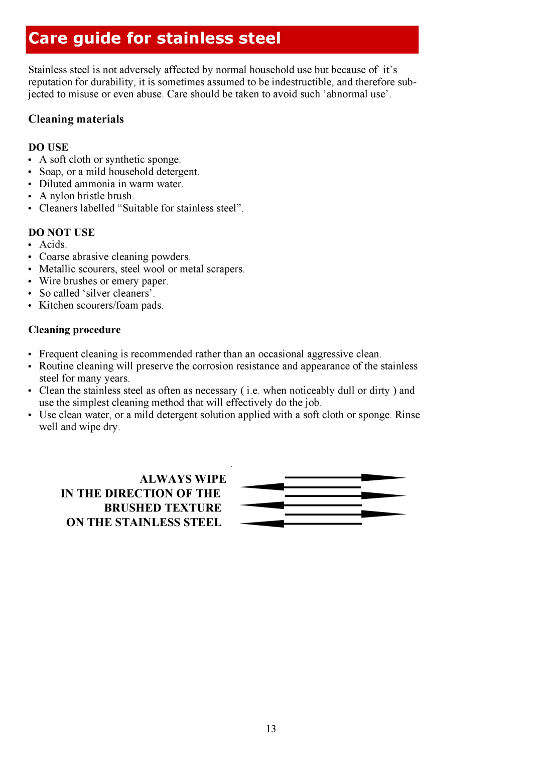 Defy Appliances 600 EMBW, 600 UMS, 600 SMW, 600STE owner manual Care guide for stainless steel, Cleaning procedure 