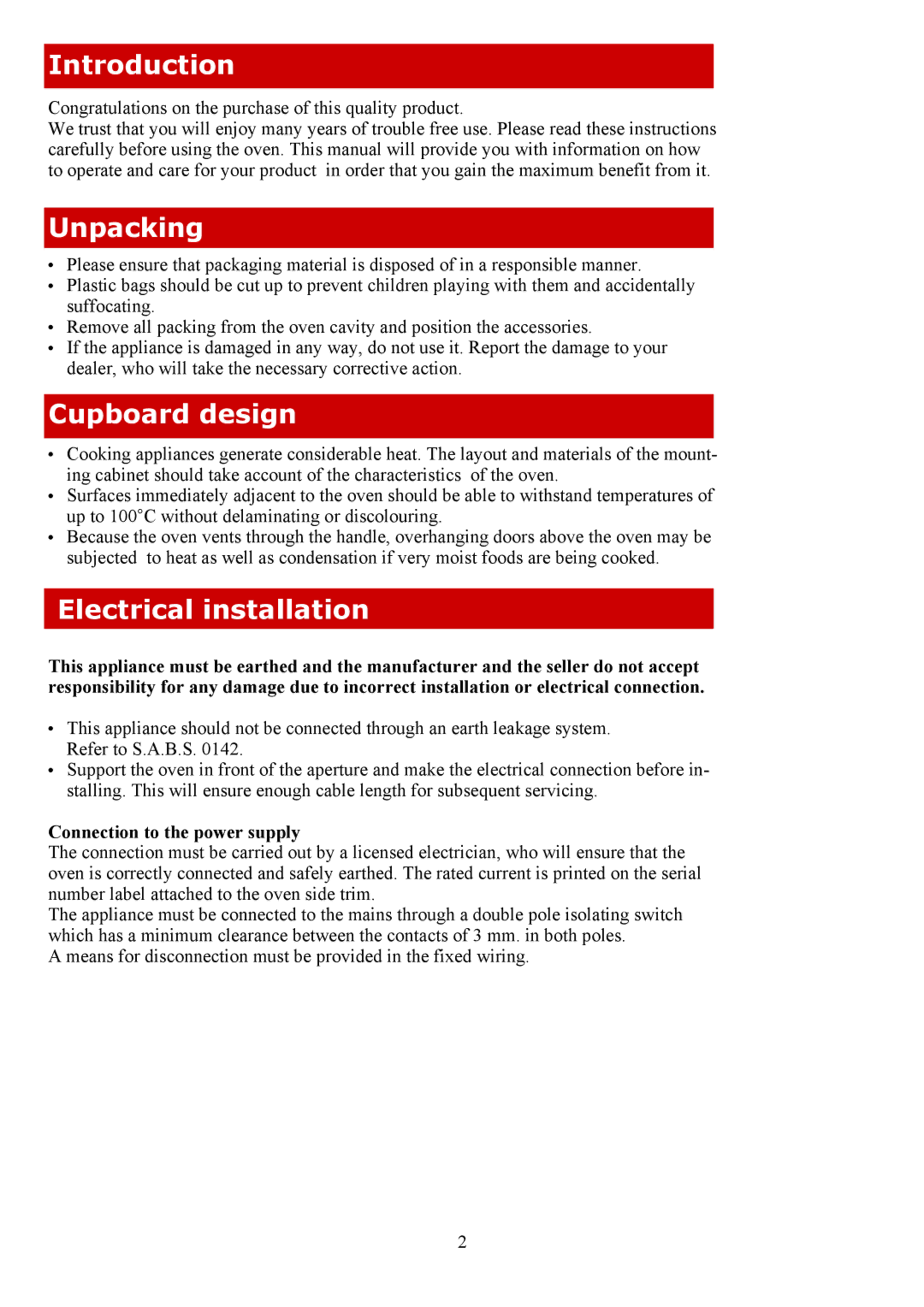 Defy Appliances 600 SMW Introduction, Unpacking, Cupboard design, Electrical installation, Connection to the power supply 