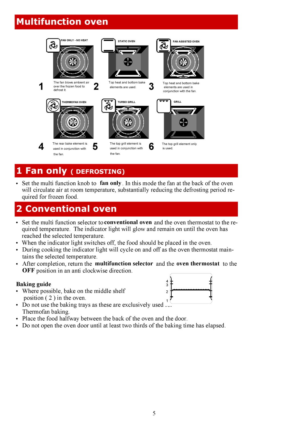 Defy Appliances 600 EMBW, 600 UMS, 600 SMW, 600STE Multifunction oven, Conventional oven, Fan only Defrosting, Baking guide 