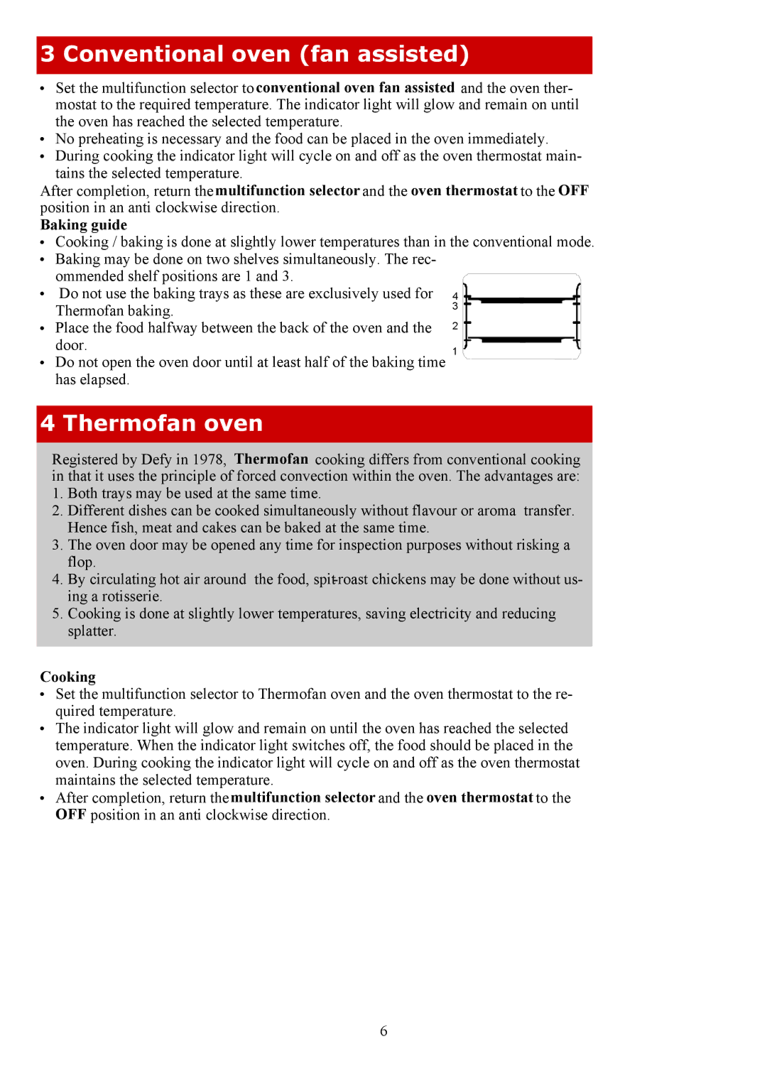 Defy Appliances 600 SMW, 600 UMS, 600 EMBW, 600STE owner manual Conventional oven fan assisted, Thermofan oven, Cooking 