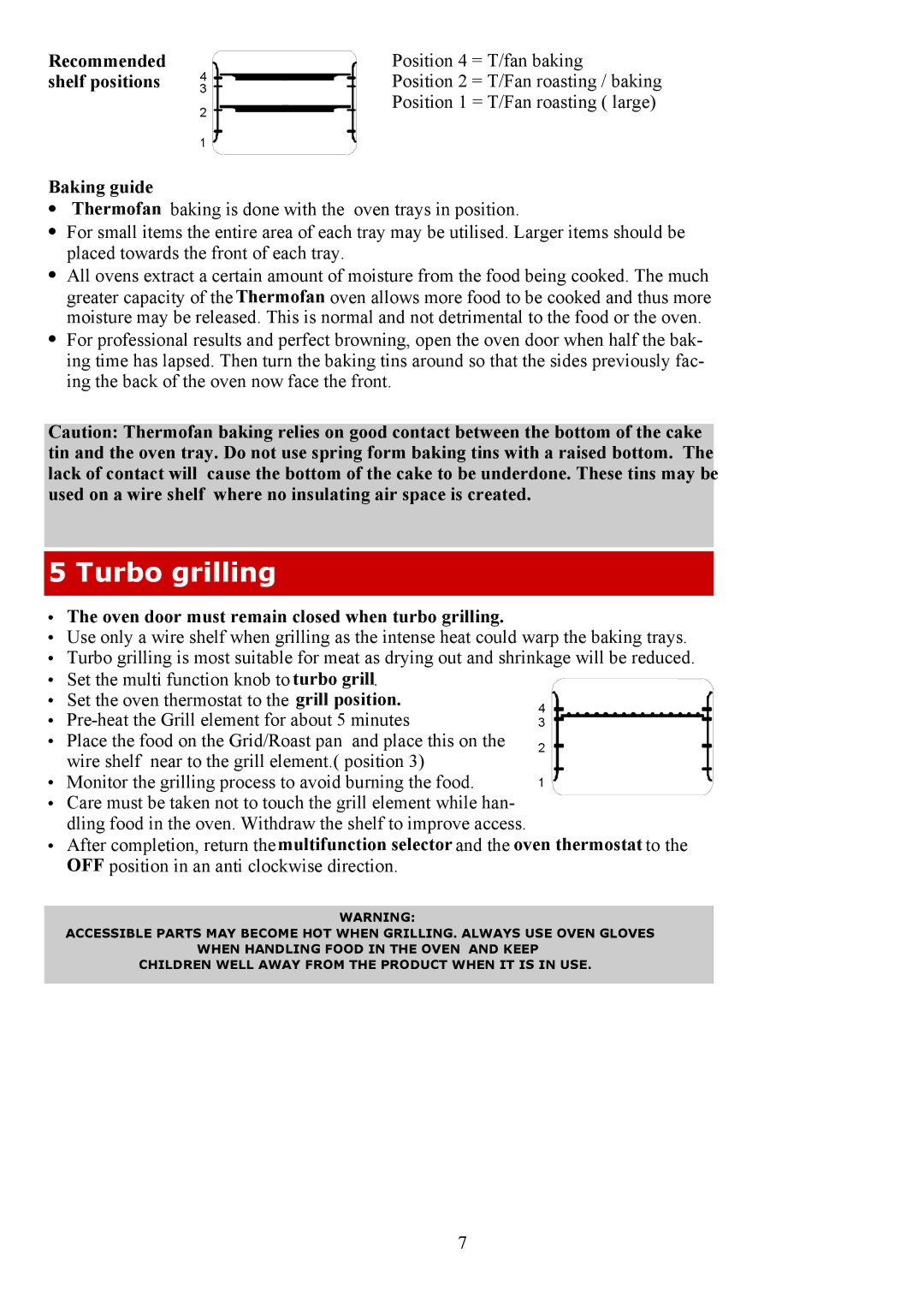 Defy Appliances 600STE Turbo grilling, Recommended shelf positions, Oven door must remain closed when turbo grilling 