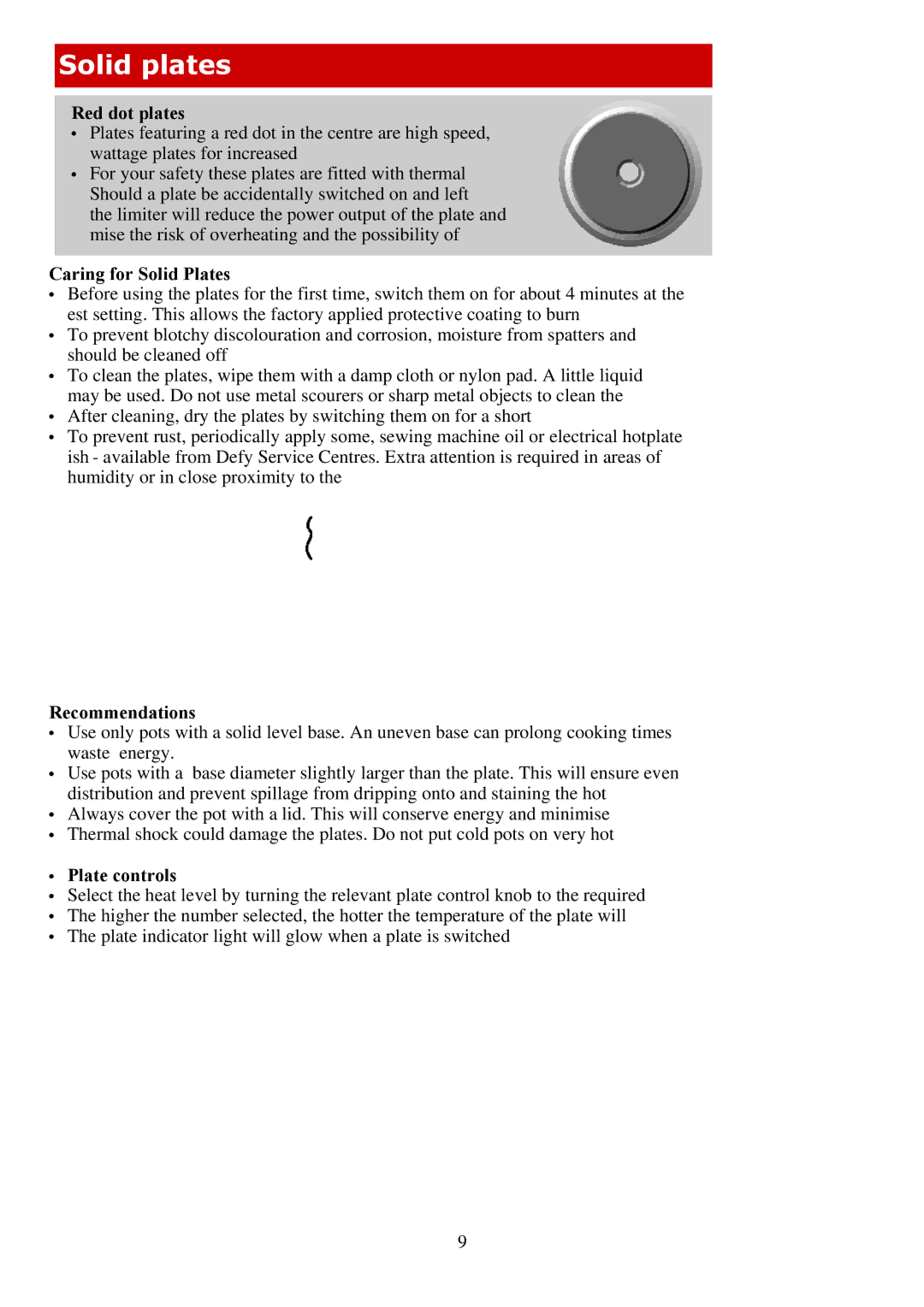 Defy Appliances 600 EMBW, 600 UMS Solid plates, Red dot plates, Caring for Solid Plates, Recommendations, Plate controls 