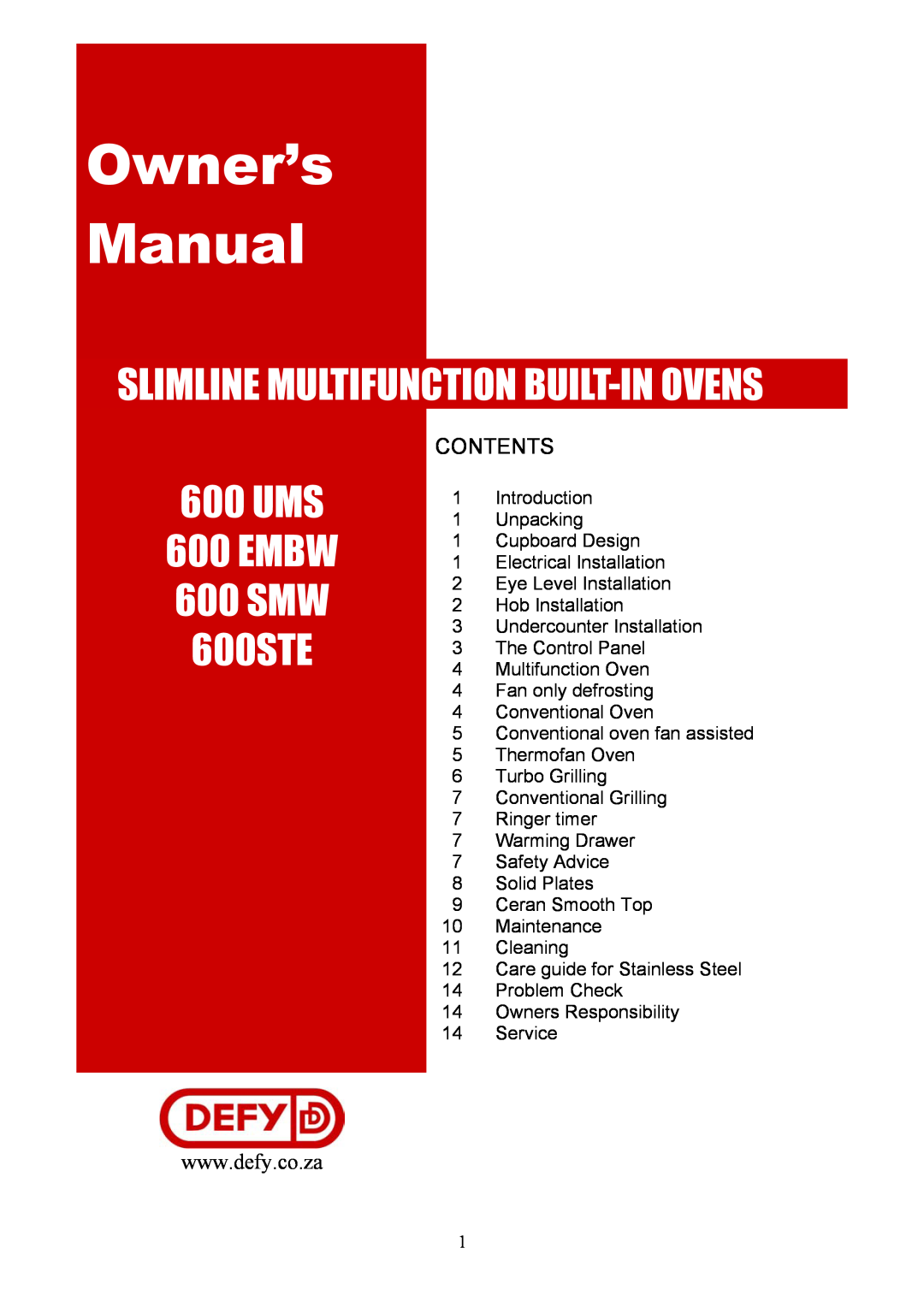 Defy Appliances 600 UMS owner manual Slimline Multifunction Built-In Ovens, 600STE, UMS 600 EMBW 600 SMW, Contents 