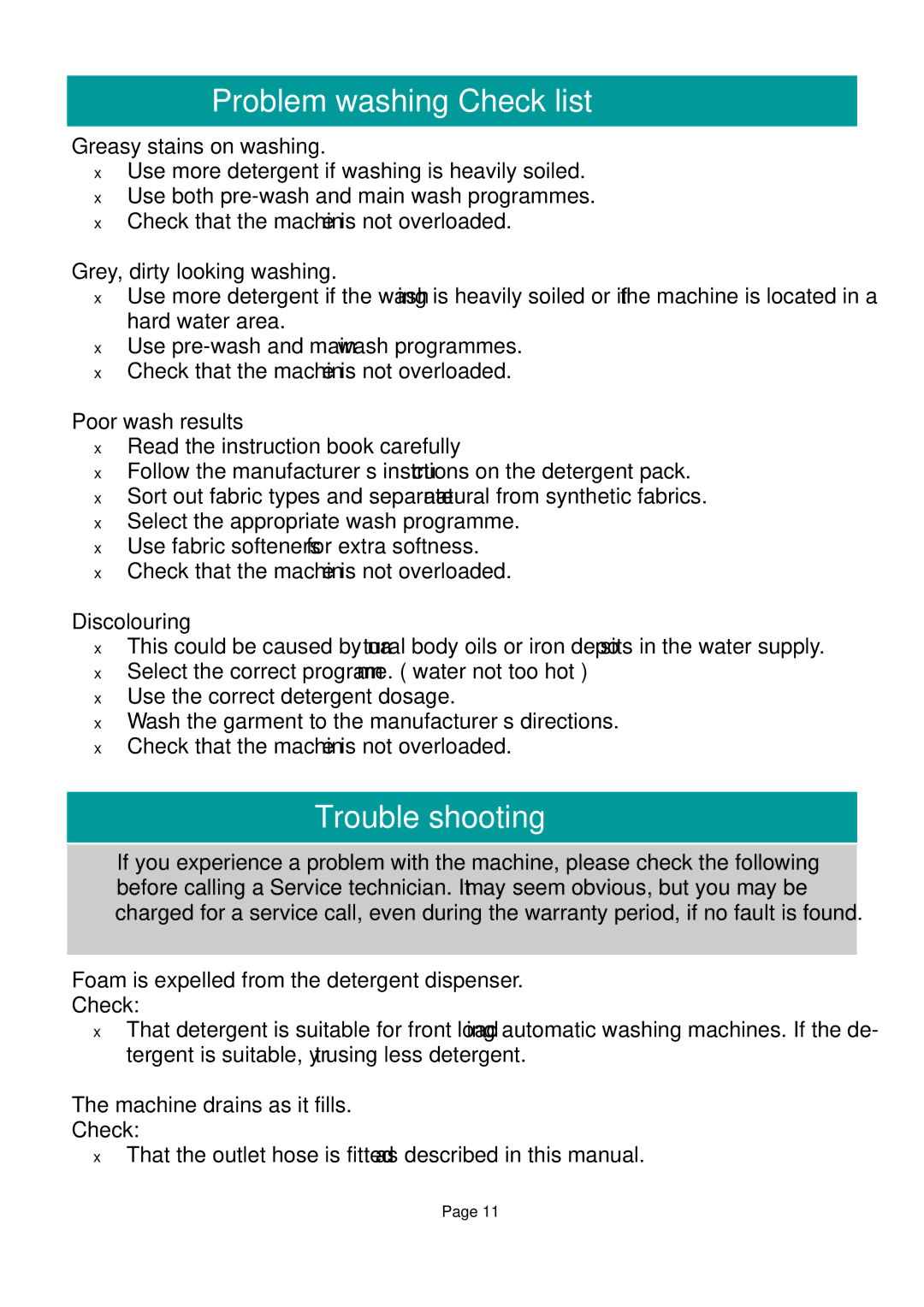 Defy Appliances 600 owner manual Problem washing-Check list, Trouble shooting 