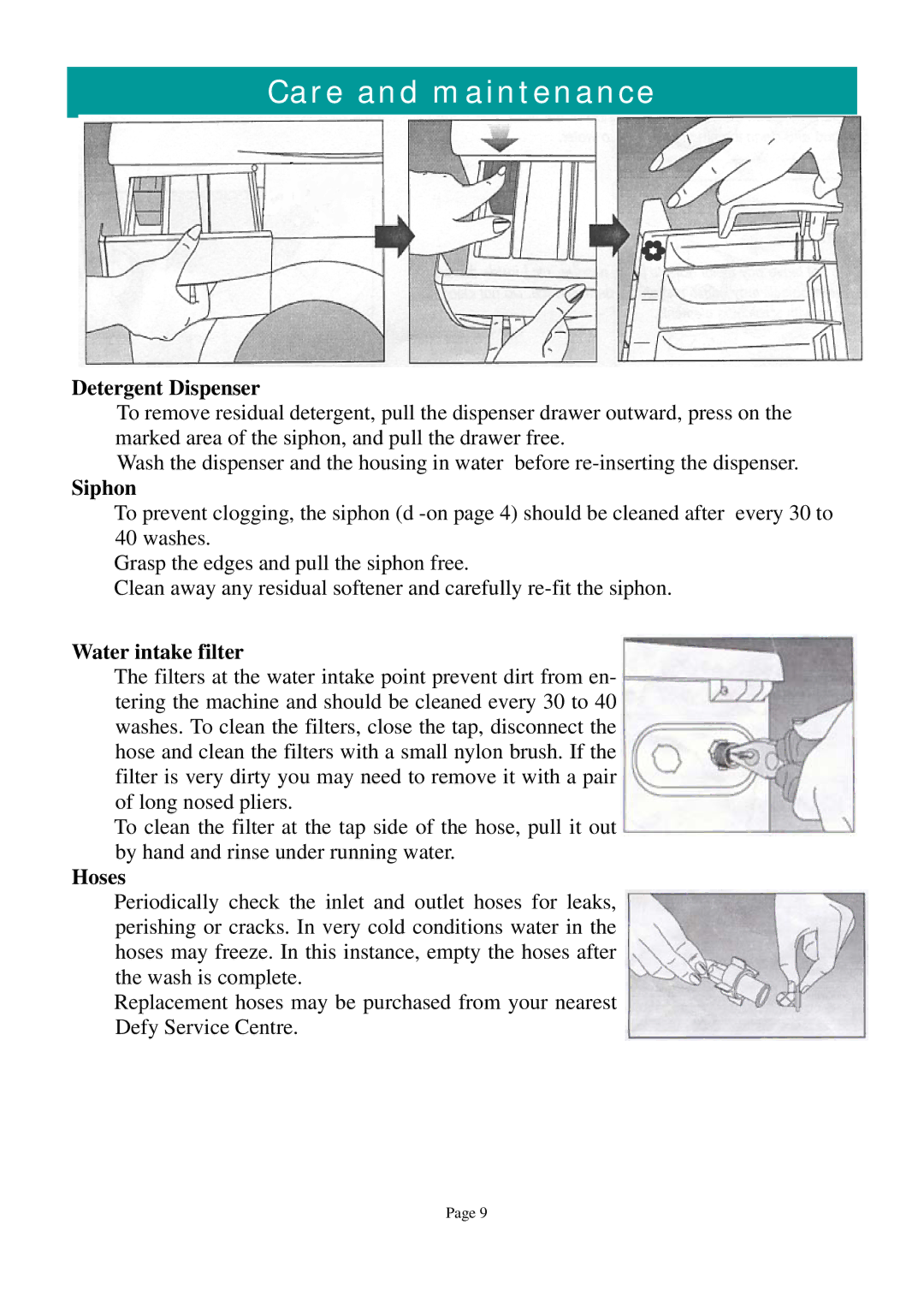 Defy Appliances 600 owner manual Care and maintenance, Siphon, Water intake filter, Hoses 