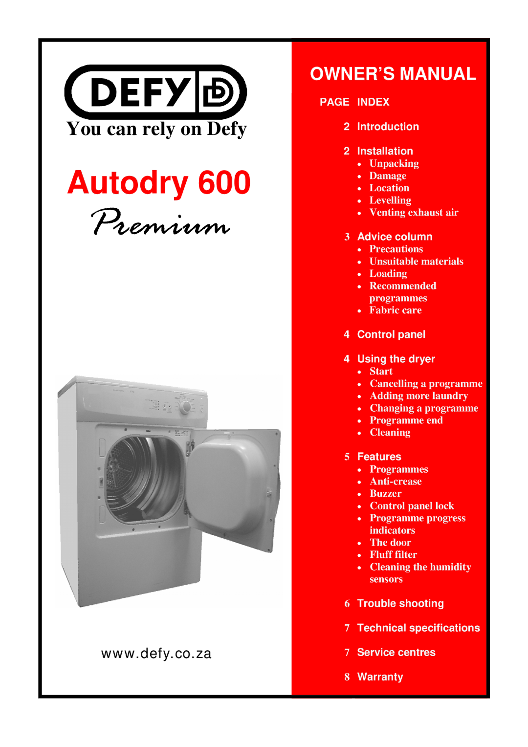 Defy Appliances 600 owner manual You can rely on Defy 