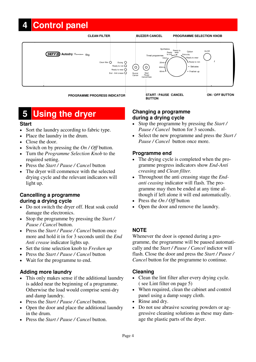 Defy Appliances 600 owner manual Control panel, Using the dryer 