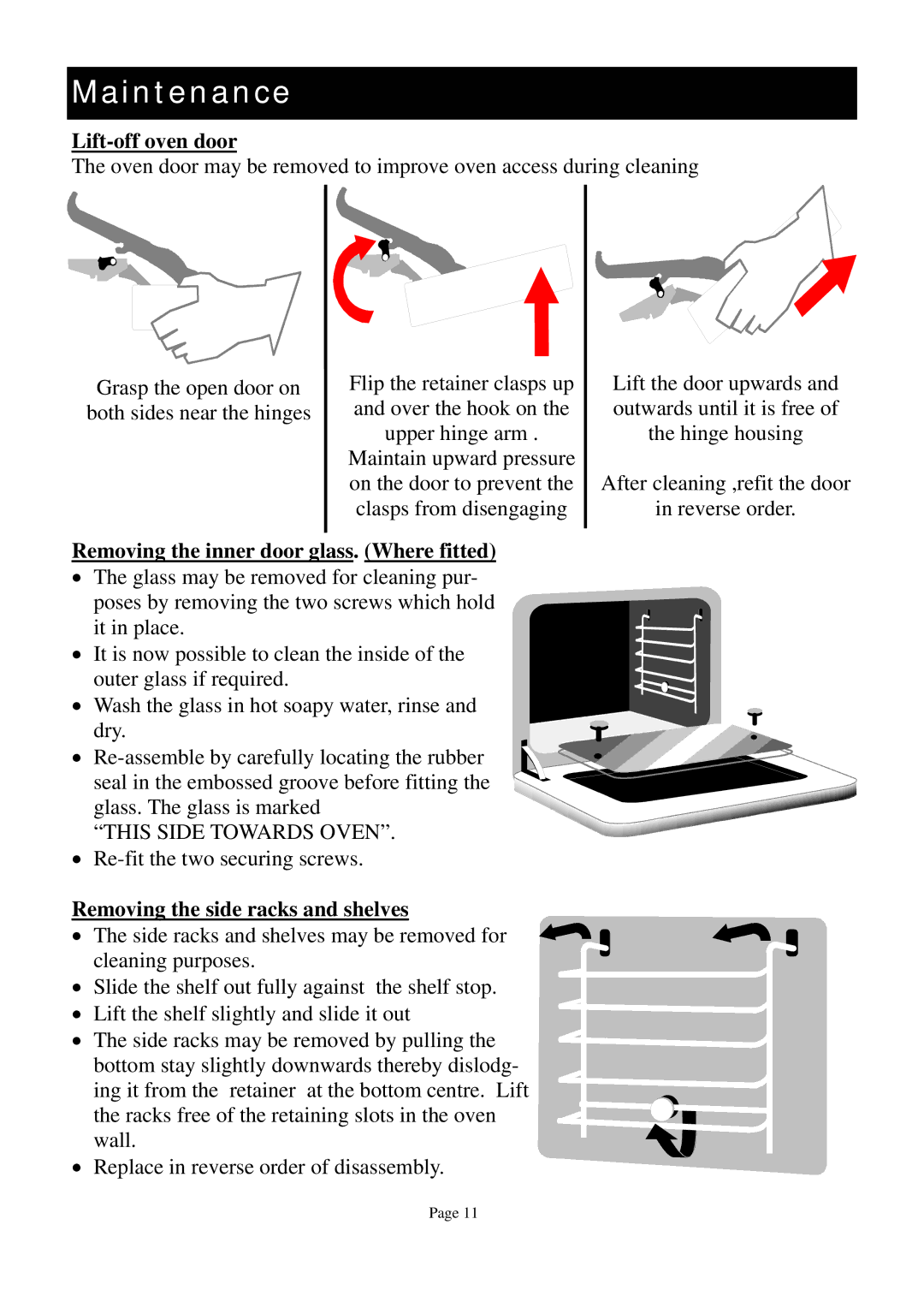 Defy Appliances 600 EMSG, 600EMSS owner manual Maintenance, Lift-off oven door, Removing the inner door glass. Where fitted 