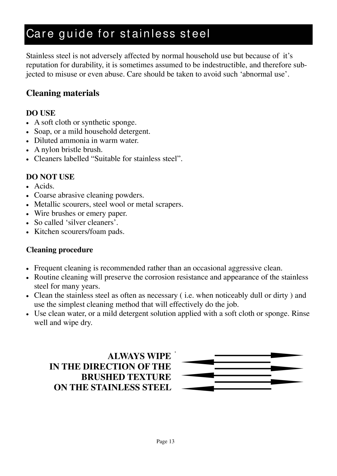 Defy Appliances 600 EMSG, 600EMSS owner manual Care guide for stainless steel, Cleaning procedure 