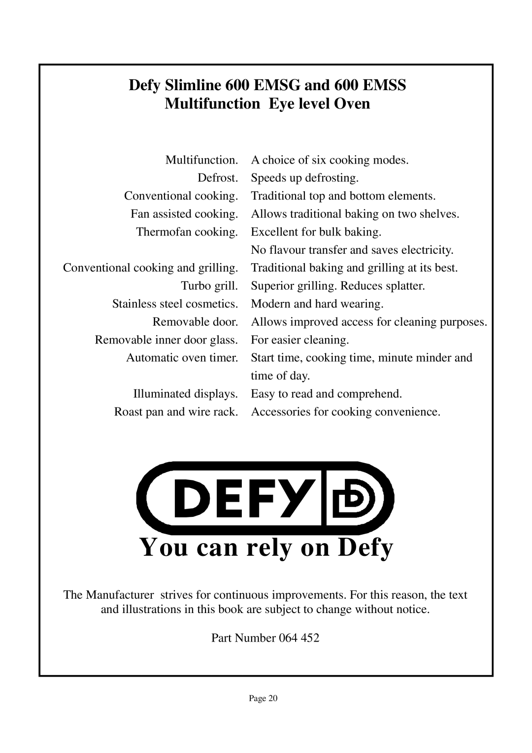 Defy Appliances 600EMSS, 600 EMSG owner manual You can rely on Defy 