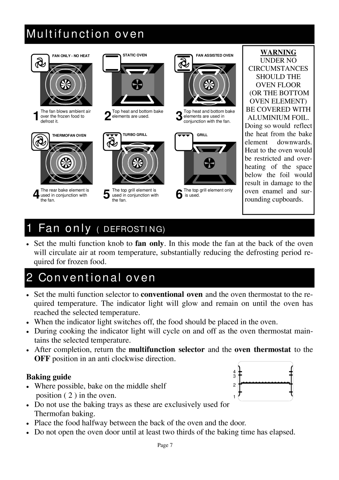 Defy Appliances 600 EMSG, 600EMSS owner manual Multifunction oven, Conventional oven, Baking guide 